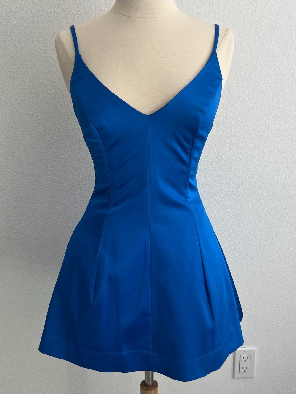Bebe Blue Satin V-Neck Fit & Flare Mini Dress | Selena Gomez Inspired